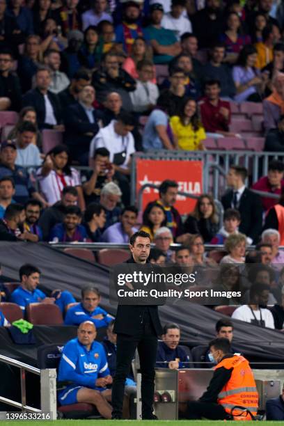 Xavi Hernandez, Manager of FC Barcelona looks on during the LaLiga Santander match between FC Barcelona and RC Celta de Vigo at Camp Nou on May 10,...