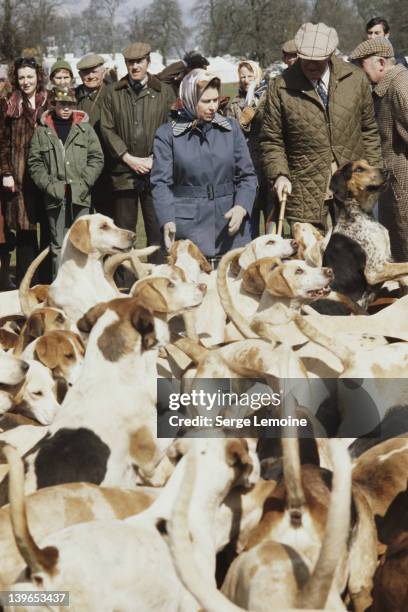 Queen Elizabeth II with a pack of hounds at the Badminton Horse Trials, UK, 1978.