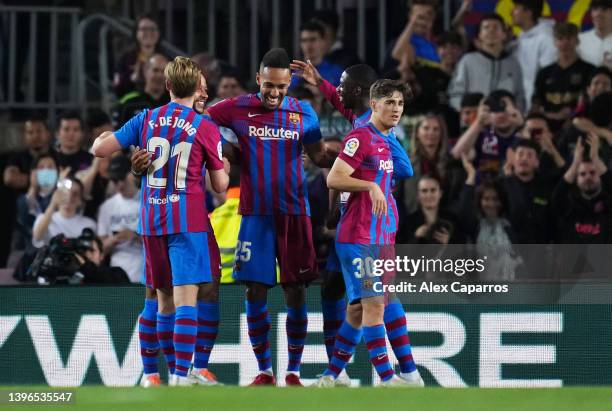 Pierre-Emerick Aubameyang of FC Barcelona celebrates with teammates after scoring their team's second goal during the La Liga Santander match between...