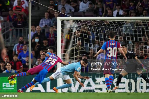 Pierre-Emerick Aubameyang of FC Barcelona scores their team's second goal during the La Liga Santander match between FC Barcelona and RC Celta de...