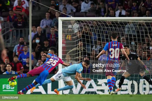 Pierre-Emerick Aubameyang of FC Barcelona scores their team's second goal during the La Liga Santander match between FC Barcelona and RC Celta de...