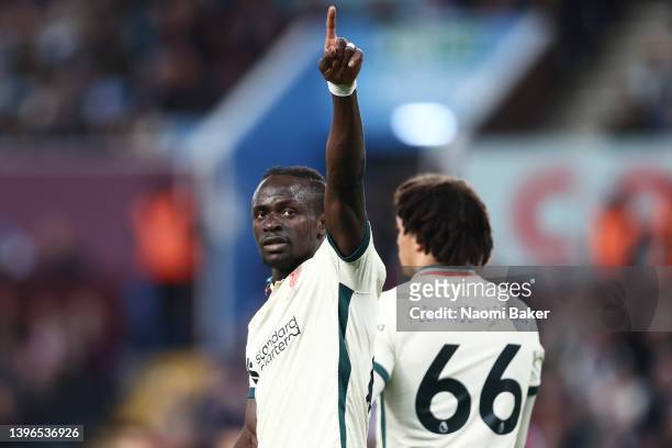 Sadio Mane of Liverpool celebrates after scoring their team's second goal during the Premier League match between Aston Villa and Liverpool at Villa...