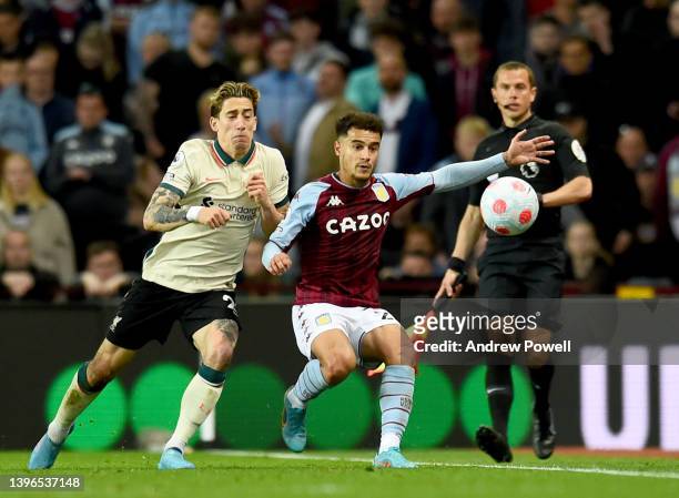 Konastantinos Tsimikas of Liverpool with Philippe Coutinho of Aston Villa during the Premier League match between Aston Villa and Liverpool at Villa...