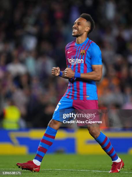 Pierre-Emerick Aubameyang of FC Barcelona celebrates after scoring their team's third goal during the La Liga Santander match between FC Barcelona...