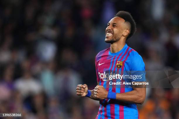 Pierre-Emerick Aubameyang of FC Barcelona celebrates after scoring their team's third goal during the La Liga Santander match between FC Barcelona...