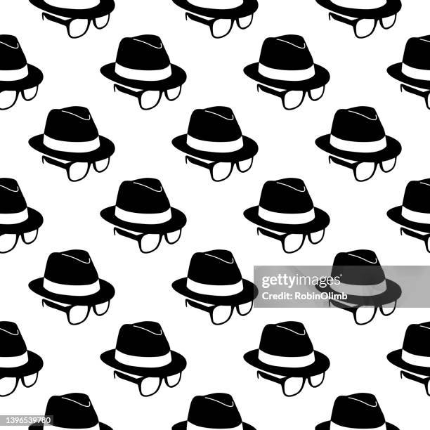 hat with horned rimmed glasses seamless pattern - neighborhood crime watch stock illustrations