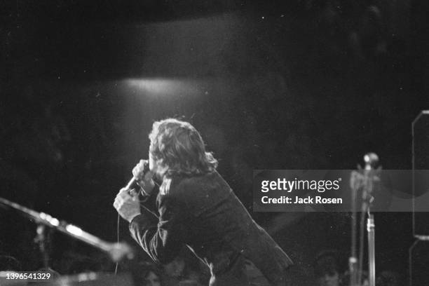 American Rock singer Jim Morrison , of the group the Doors, performs onstage at Town Hall, Philadelphia, Pennsylvania, June 18, 1967.