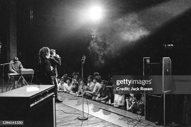 Members of the American Rock group the Doors perform onstage at Town Hall, Philadelphia, Pennsylvania, June 18, 1967. Pictured are, from left, Ray...