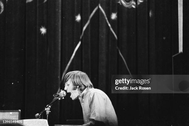 American Rock musician Ray Manzarek , of the group the Doors, plays keyboards as he performs onstage at Town Hall, Philadelphia, Pennsylvania, June...