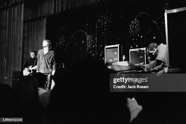 Members of the American Rock group the Doors perform onstage at Town Hall, Philadelphia, Pennsylvania, June 18, 1967. Pictured are, onstage from...