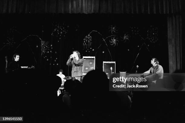 Members of the American Rock group the Doors perform onstage at Town Hall, Philadelphia, Pennsylvania, June 18, 1967. Pictured are, onstage from...