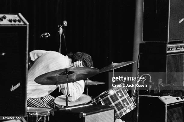 American Rock musician John Densmore, of the group the Doors, plays drums as he performs onstage at Town Hall, Philadelphia, Pennsylvania, June 18,...