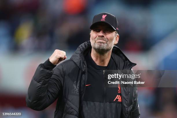 Juergen Klopp, Manager of Liverpool celebrates with the fans after their sides victory during the Premier League match between Aston Villa and...