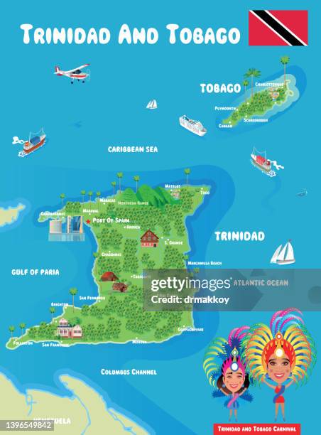 illustrazioni stock, clip art, cartoni animati e icone di tendenza di carnevale di trinidad e tobago e mappa - trinidad carnival