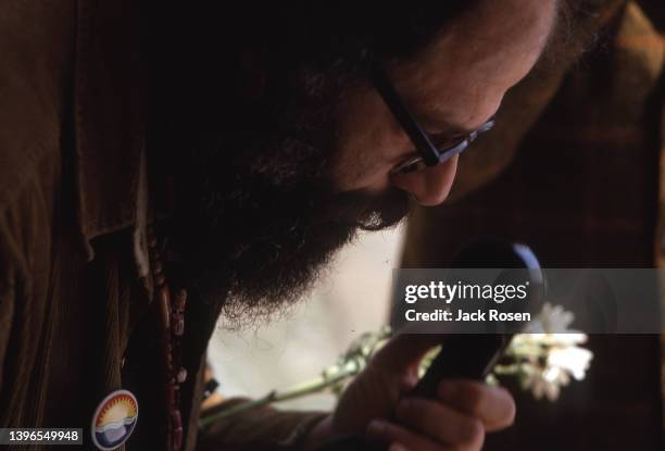 Close-up of American Beat poet Allen Ginsberg at the first Earth Day celebration, Philadelphia, Pennsylvania, April 22, 1970.