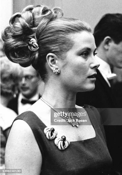 Close-up of former American actress Grace Kelly, Princess of Monaco as she attends an unspecified event, Philadelphia, Pennsylvania, 1959.