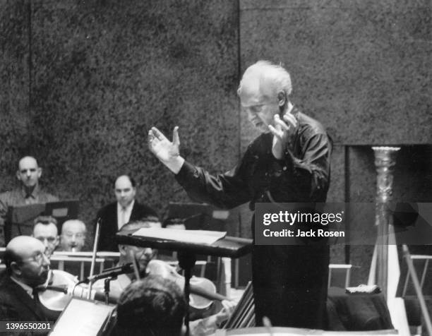 View of English Classical conductor Leopold Stokowski as he leads the Philadelphia Orchestra during a rehearsal, Philadelphia, Pennsylvania, 1960.