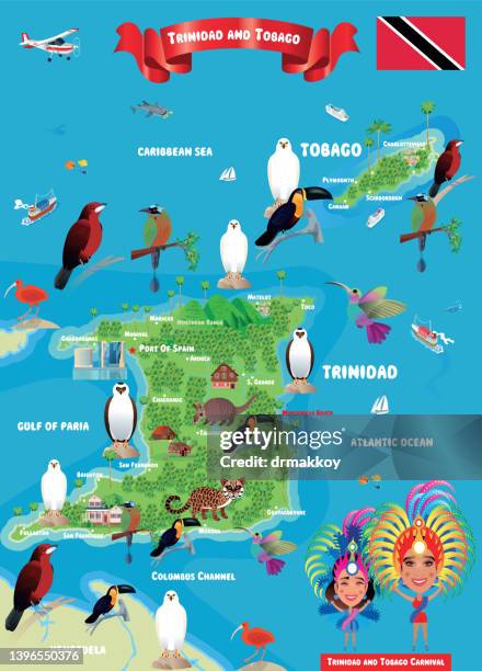 cartoon map of trinidad and tobago - birds of prey stock illustrations