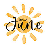 Hello June - Watercolor textured simple vector sun icon. Vector illustration, greeting card for beginning of summer, welcoming poster design.