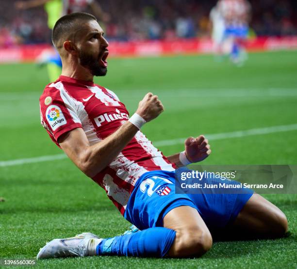 Yannick Carrasco of Club Atletico de Madrid celebrates after scoring goal during the La Liga Santander match between Club Atletico de Madrid and Real...