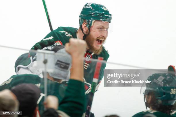 Nicolas Deslauriers of the Minnesota Wild celebrates a goal against the Seattle Kraken during the game at the Xcel Energy Center on April 22, 2022 in...