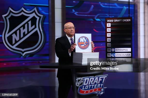 National Hockey League Deputy Commissioner Bill Daly announces the New York Islanders overall draft position during the 2022 NHL Draft Lottery on May...