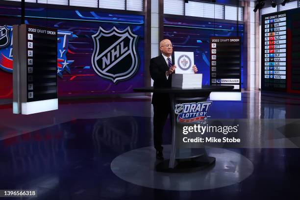 National Hockey League Deputy Commissioner Bill Daly announces the Winnipeg Jets overall draft position during the 2022 NHL Draft Lottery on May 10,...