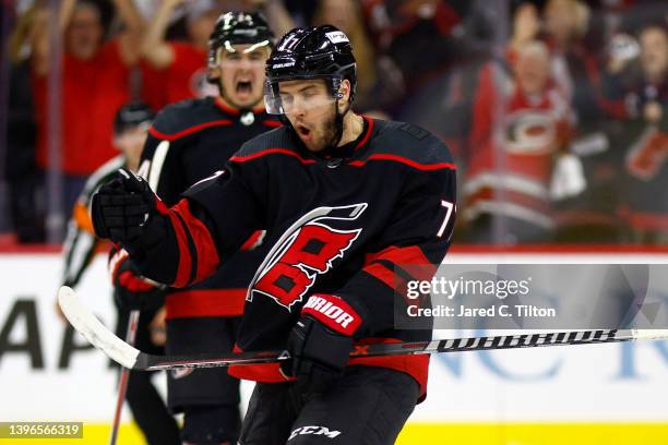 Tony DeAngelo of the Carolina Hurricanes celebrates following his first period goal against the Boston Bruins in Game Five of the First Round of the...