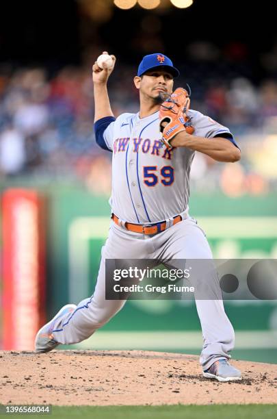 Carlos Carrasco of the New York Mets pitches in the second inning against the Washington Nationals at Nationals Park on May 10, 2022 in Washington,...