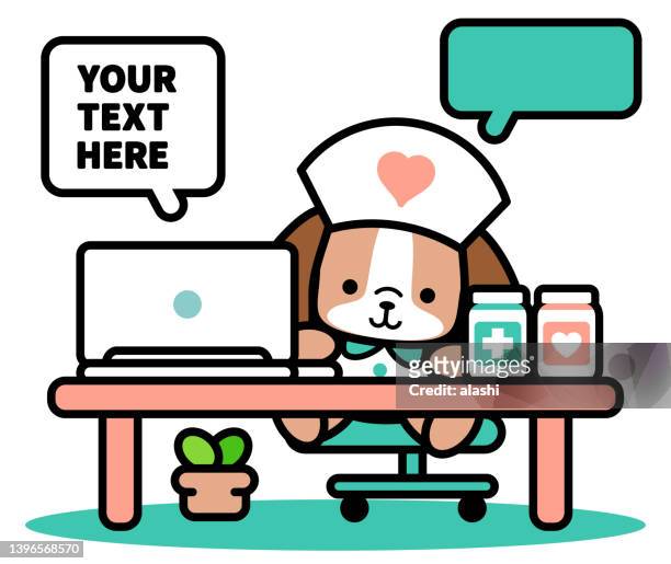 ilustraciones, imágenes clip art, dibujos animados e iconos de stock de una linda enfermera de perros sentada en un escritorio usando una computadora portátil y escribiendo - cute nurses