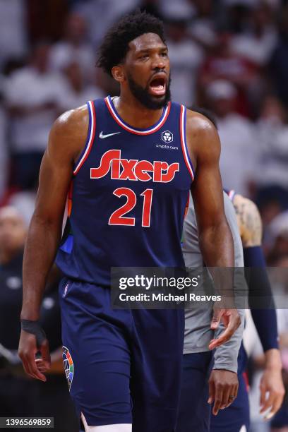 Joel Embiid of the Philadelphia 76ers yells at a referee against the Miami Heat during the first half in Game Five of the Eastern Conference...