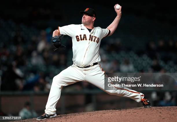 Jake McGee of the San Francisco Giants pitches against the Colorado Rockies in the top of the ninth inning at Oracle Park on May 09, 2022 in San...