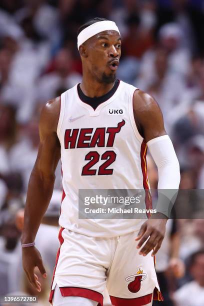 Jimmy Butler of the Miami Heat reacts against the Philadelphia 76ers during the first half in Game Five of the Eastern Conference Semifinals at FTX...