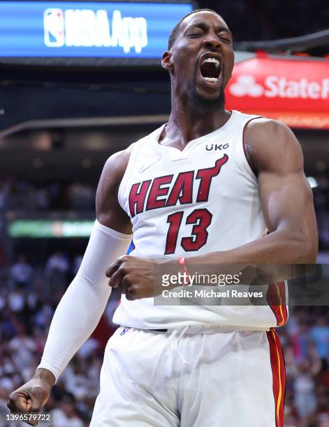 Bam Adebayo of the Miami Heat celebrates a basket and foul against the Philadelphia 76ers during the second half in Game Five of the Eastern...