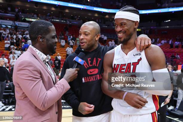 Tucker and Jimmy Butler of the Miami Heat are interviewed by TNT TV reporter Chris Haynes after the game against the Philadelphia 76ers in Game Five...
