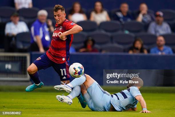 Szabolcs Schön of FC Dallas has the shot on goal knocked away by Spencer Glass of Sporting Kansas City during the first half of their match in the...