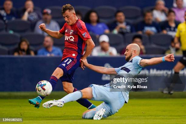 Szabolcs Schön of FC Dallas has the shot on goal knocked away by Spencer Glass of Sporting Kansas City during the first half of their match in the...