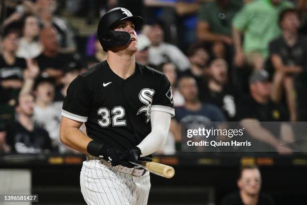 Gavin Sheets of the Chicago White Sox hits a two run home run in the sixth inning against the Cleveland Guardians at Guaranteed Rate Field on May 10,...