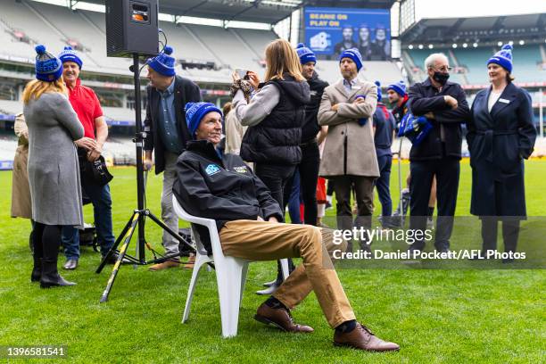 Neale Daniher takes a break during the FightMND Launch Of The Big Freeze 8 Campaign at Melbourne Cricket Ground on May 11, 2022 in Melbourne,...