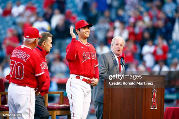 Shohei Ohtani of the Los Angeles Angels during a ceremony for his 2021 American League MVP award before a game against the Tampa Bay Rays at Angel...