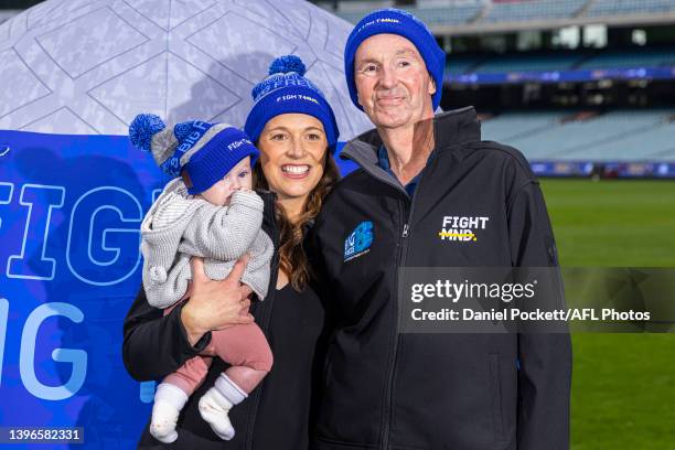 Neale Daniher poses for a photograph with daughter Bec Daniher and granddaughter Billie Daniher during the FightMND Launch Of The Big Freeze 8...