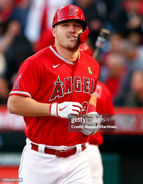 Mike Trout of the Los Angeles Angels celebrates a home run against the Tampa Bay Rays in the second inning at Angel Stadium of Anaheim on May 10,...