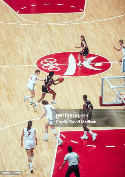 General view from above of a game between the United States Women's Olympic basketball team and Czechoslovakia on July 30, 1992 at the Pavello...