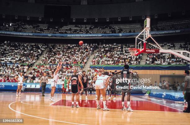 General viewduring a free throw in a game between the United States Women's Olympic basketball team and Czechoslovakia on July 30, 1992 at the...