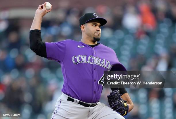 Antonio Senzatela of the Colorado Rockies pitches against the San Francisco Giants in the bottom of the first inning at Oracle Park on May 10, 2022...