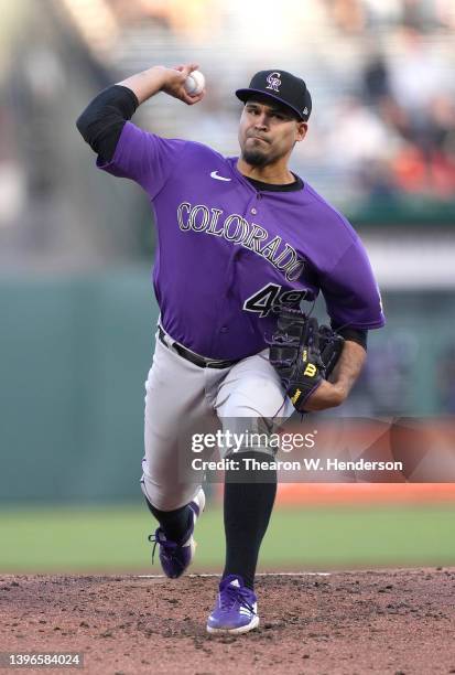Antonio Senzatela of the Colorado Rockies pitches against the San Francisco Giants in the bottom of the second inning at Oracle Park on May 10, 2022...