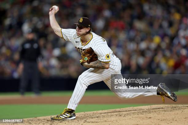 Mike Clevinger of the San Diego Padres pitches during the fourth inning of a game against the Chicago Cubs at PETCO Park on May 10, 2022 in San...