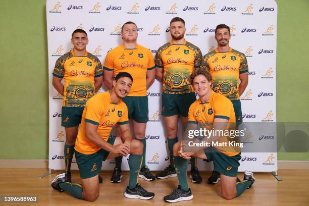 Noah Lolesio, Lalakai Foketi, Angus Bell, Lachlan Swinton, Michael Hooper and Jake Gordon of the Wallabies pose during a media opportunity as the...