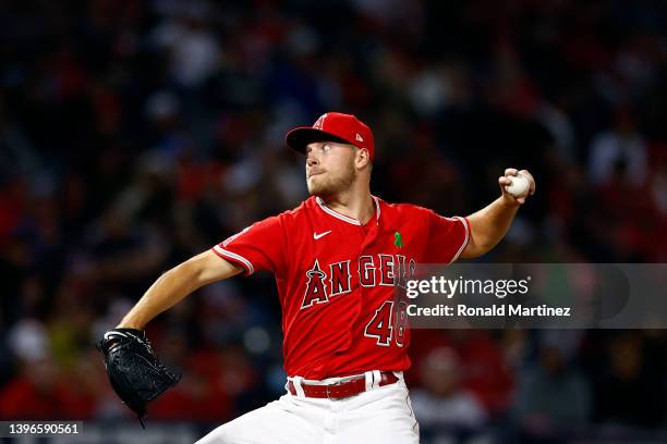 Reid Detmers of the Los Angeles Angels throws against the Tampa Bay Rays in the eighth inning at Angel Stadium of Anaheim on May 10, 2022 in Anaheim,...