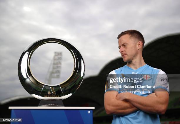 Scott Jamieson of Melbourne City poses during the A-League Men's 2022 Finals Series Launch Media Opportunity at AAMI Park on May 11, 2022 in...